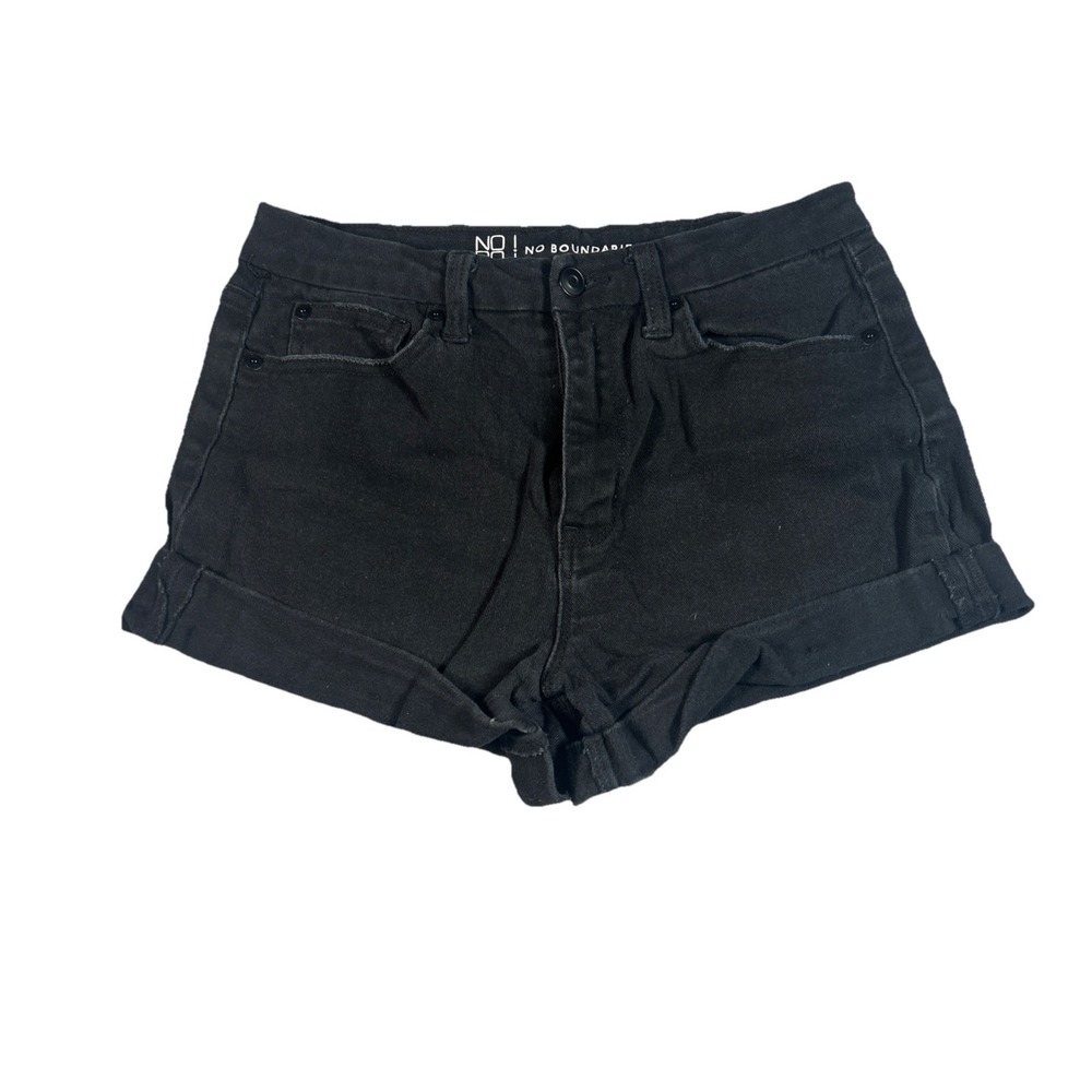 No Boundaries Womens Black Cuffed Denim Shorts Size 7 Mid Rise Stretch